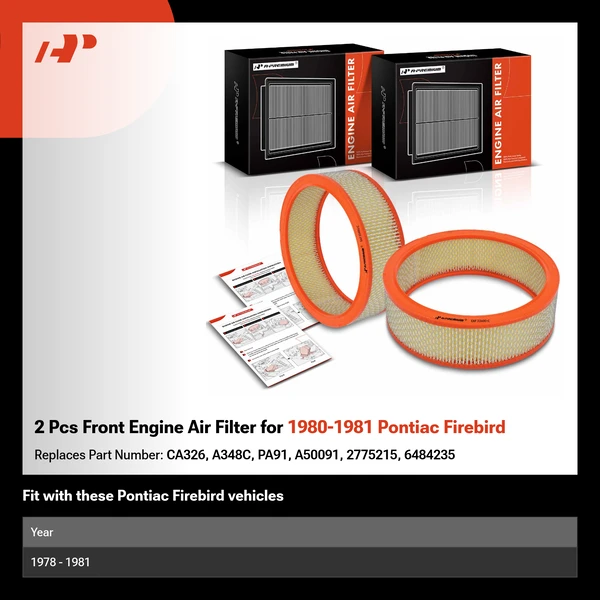 2 Pcs Front Engine Air Filter for 1980-1981 Pontiac Firebird