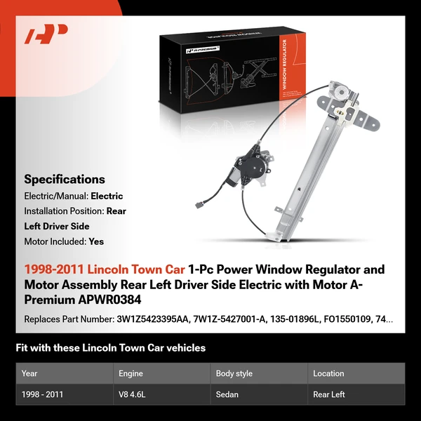 1998-2011 Lincoln Town Car 1-Pc Power Window Regulator and Motor Assembly Rear Left Driver Side Electric with Motor A-Premium APWR0384