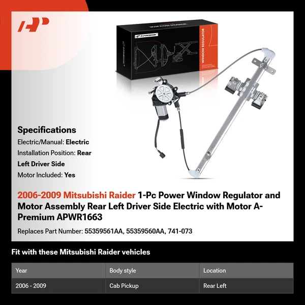2006-2009 Mitsubishi Raider 1-Pc Power Window Regulator and Motor Assembly Rear Left Driver Side Electric with Motor A-Premium APWR1663
