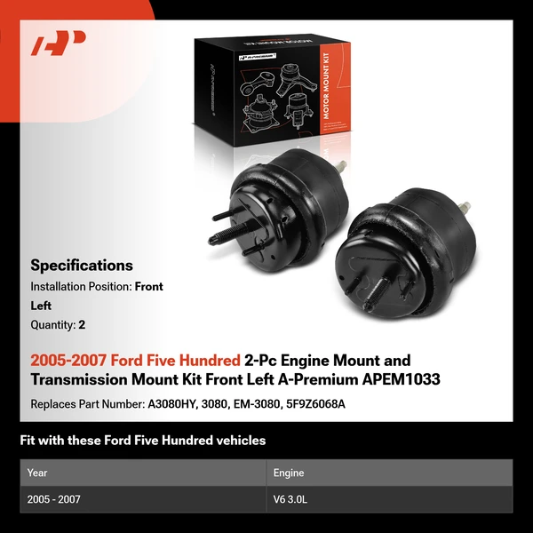 2005-2007 Ford Five Hundred 2-Pc Engine Mount and Transmission Mount Kit Front Left A-Premium APEM1033
