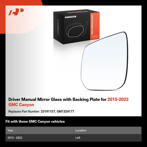 Driver Manual Mirror Glass with Backing Plate for 2015-2022 GMC Canyon