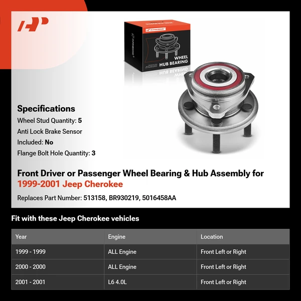 Front Driver or Passenger Wheel Bearing & Hub Assembly for 1999-2001 Jeep Cherokee