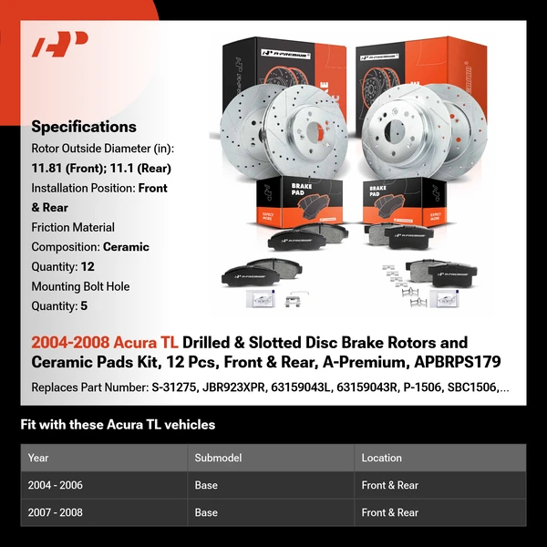 2004-2008 Acura TL Drilled & Slotted Disc Brake Rotors and Ceramic Pads Kit, 12 Pcs, Front & Rear, A-Premium, APBRPS179