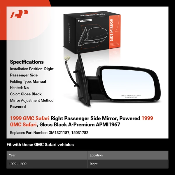 1999 GMC Safari Right Passenger Side Mirror, Powered 1999 GMC Safari, Gloss Black A-Premium APMI1967
