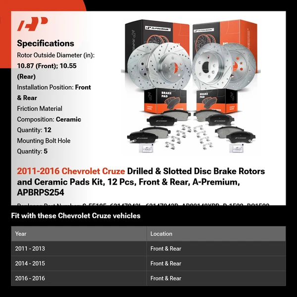 2011-2016 Chevrolet Cruze Drilled & Slotted Disc Brake Rotors and Ceramic Pads Kit, 12 Pcs, Front & Rear, A-Premium, APBRPS254