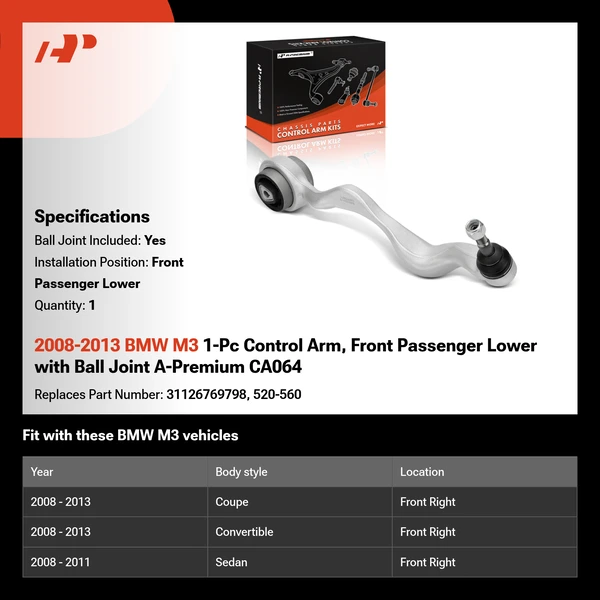 2008-2013 BMW M3 1-Pc Control Arm, Front Passenger Lower with Ball Joint A-Premium CA064
