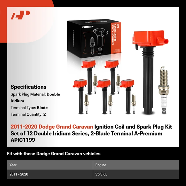 2011-2020 Dodge Grand Caravan Ignition Coil and Spark Plug Kit Set of A Set of 12 Double Iridium Series, 2-Blade Terminal A-Premium APIC1199
