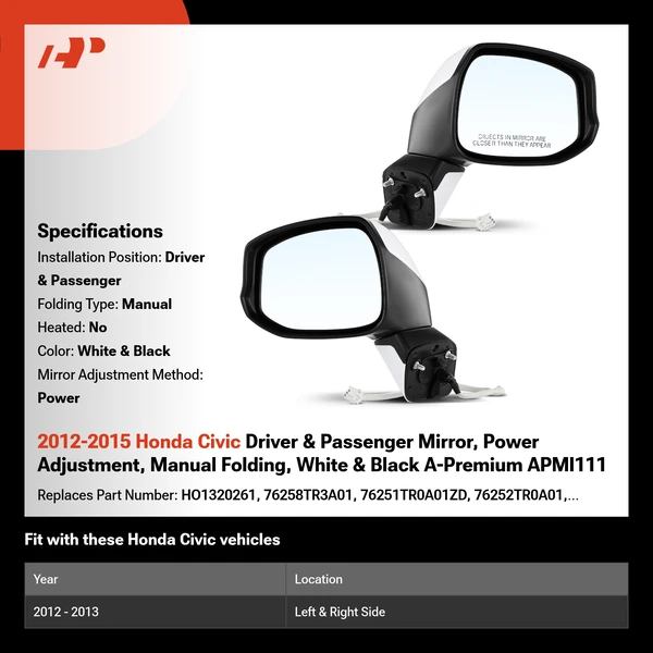 2012-2015 Honda Civic Driver & Passenger Mirror, Power Adjustment, Manual Folding, White & Black A-Premium APMI111