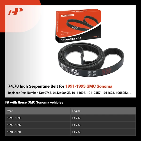 74.78 Inch Serpentine Belt for 1991-1993 GMC Sonoma
