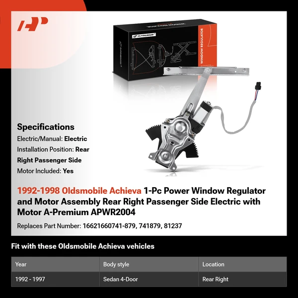 1992-1998 Oldsmobile Achieva 1-Pc Power Window Regulator and Motor Assembly Rear Right Passenger Side Electric with Motor A-Premium APWR2004