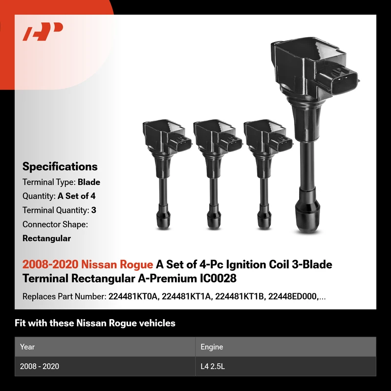2008-2020 Nissan Rogue A Set of 4-Pc Ignition Coil 3-Blade Terminal Rectangular A-Premium IC0028