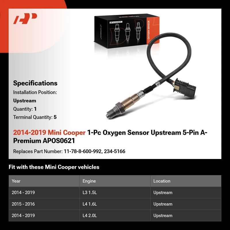 2014-2019 Mini Cooper 1-Pc Oxygen Sensor Upstream 5-Pin A-Premium APOS0621