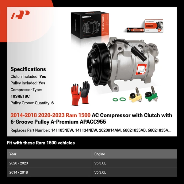 2014-2018 2020-2023 Ram 1500 AC Compressor with Clutch with 6-Groove Pulley A-Premium APACC955