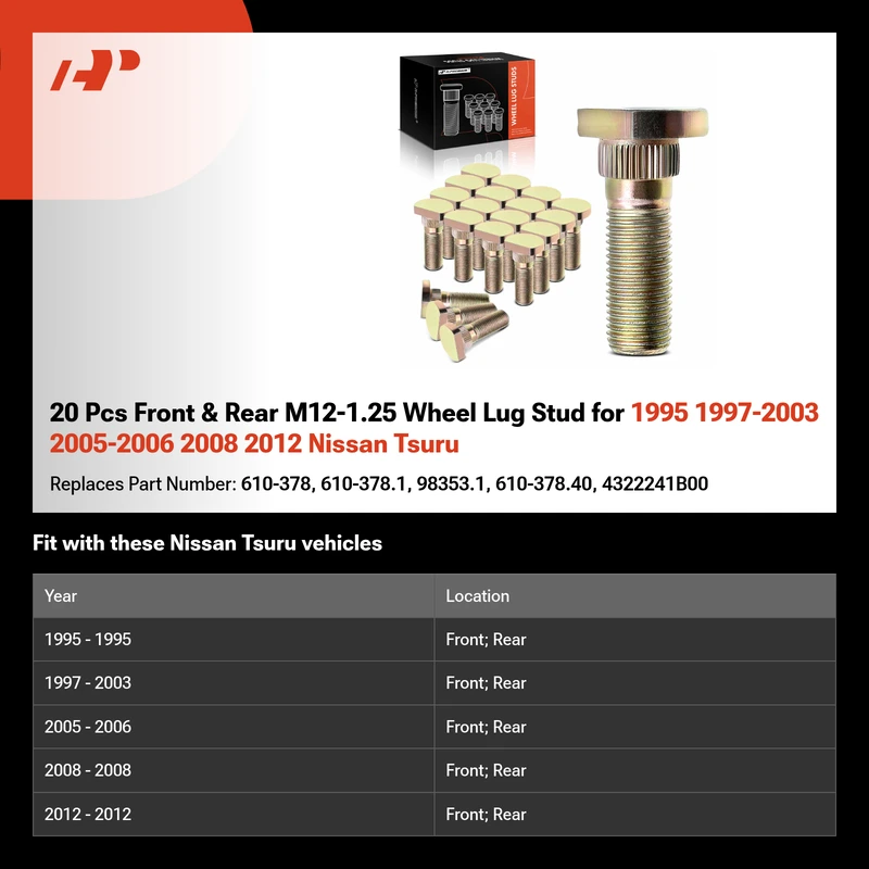 20 Pcs Front & Rear M12-1.25 Wheel Lug Stud for 1995 1997-2003 2005-2006 2008 2012 Nissan Tsuru