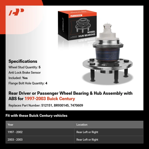 Rear Driver or Passenger Wheel Bearing & Hub Assembly with ABS for 1997-2003 Buick Century