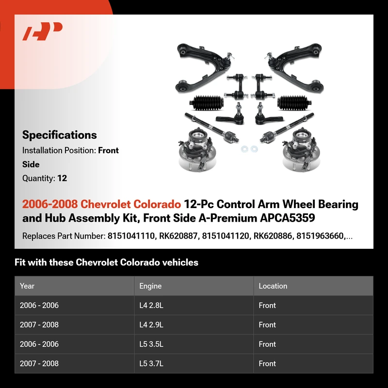 2006-2008 Chevrolet Colorado 12-Pc Control Arm Wheel Bearing and Hub Assembly Kit, Front Side A-Premium APCA5359