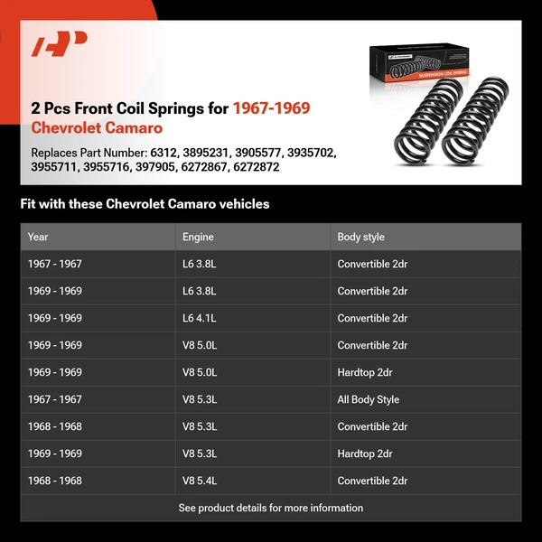 2 Pcs Front Coil Springs for 1967-1969 Chevrolet Camaro