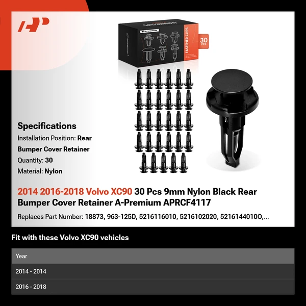 2014 2016-2018 Volvo XC90 30 Pcs 9mm Nylon Black Rear Bumper Cover Retainer A-Premium APRCF4117