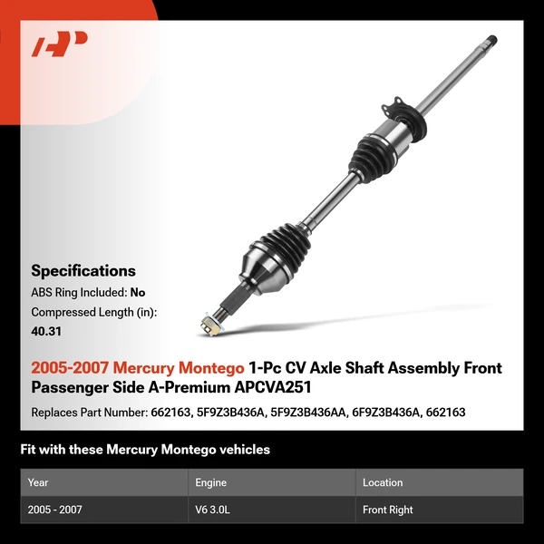 2005-2007 Mercury Montego 1-Pc CV Axle Shaft Assembly Front Passenger Side A-Premium APCVA251