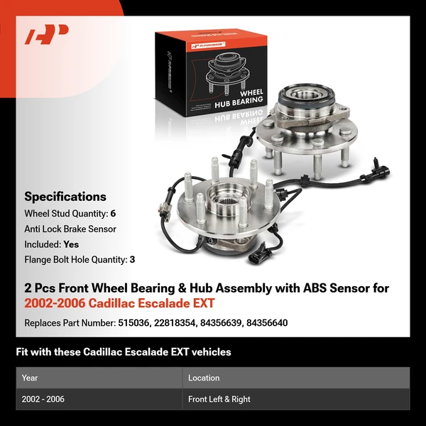 2 Pcs Front Wheel Bearing & Hub Assembly with ABS Sensor for 2002-2006 Cadillac Escalade EXT