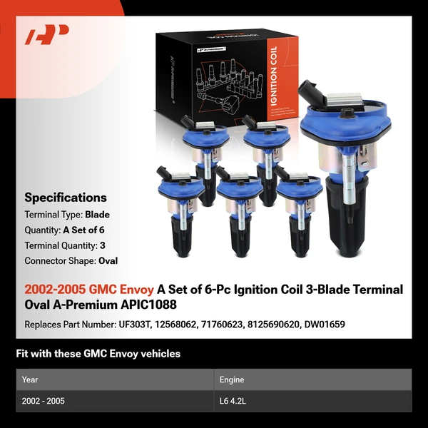 2002-2005 GMC Envoy A Set of 6-Pc Ignition Coil 3-Blade Terminal Oval A-Premium APIC1088