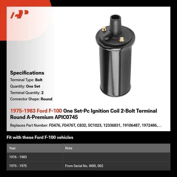 1975-1983 Ford F-100 One Set-Pc Ignition Coil 2-Bolt Terminal Round A-Premium APIC0745