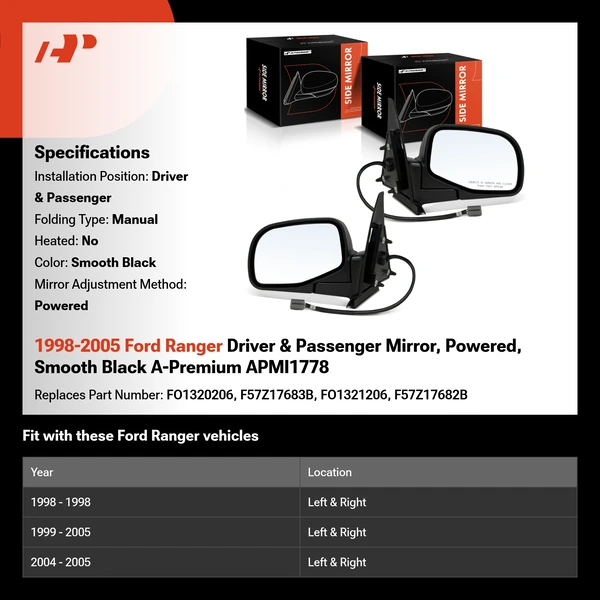 1998-2005 Ford Ranger Driver & Passenger Mirror, Powered, Smooth Black A-Premium APMI1778