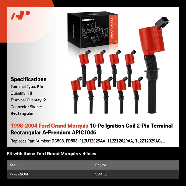 1998-2004 Ford Grand Marquis A Set of 10-Pc Ignition Coil 2-Blade Terminal Rectangular A-Premium APIC1046