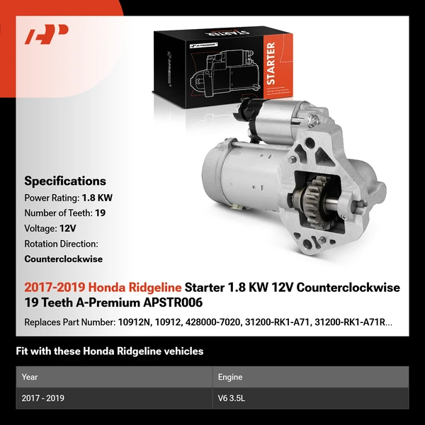 2017-2019 Honda Ridgeline Starter 1.8 KW 12V Counterclockwise 19 Teeth A-Premium APSTR006