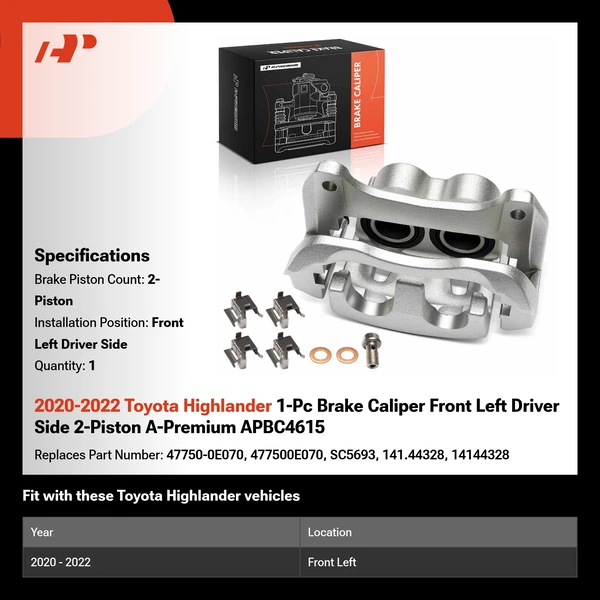 2020-2022 Toyota Highlander 1-Pc Brake Caliper Front Left Driver Side 2-Piston A-Premium APBC4615