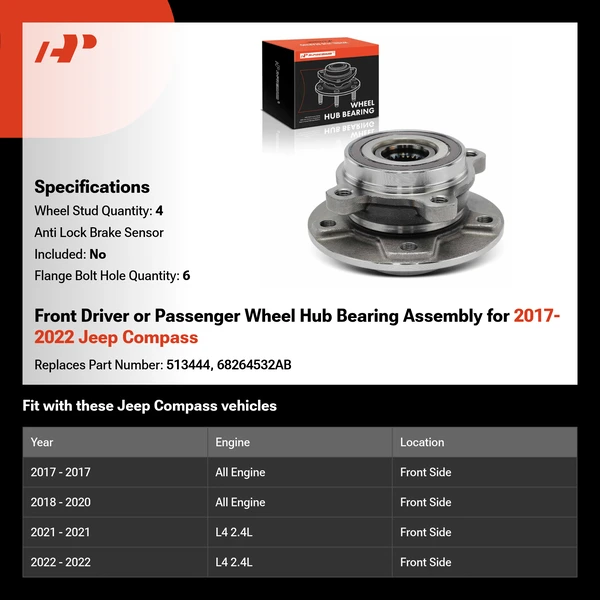 Front Driver or Passenger Wheel Hub Bearing Assembly for 2017-2022 Jeep Compass