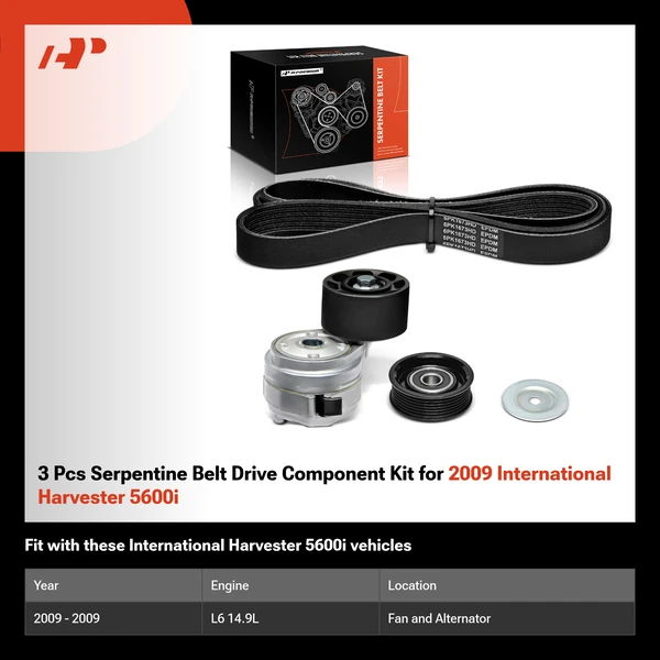 3 Pcs Serpentine Belt Drive Component Kit for 2009 International Harvester 5600i