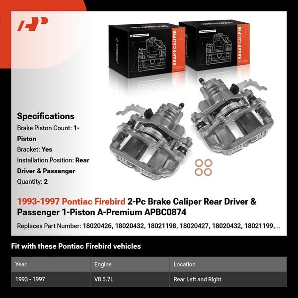 1993-1997 Pontiac Firebird 2-Pc Brake Caliper Rear Driver & Passenger 1-Piston A-Premium APBC0874