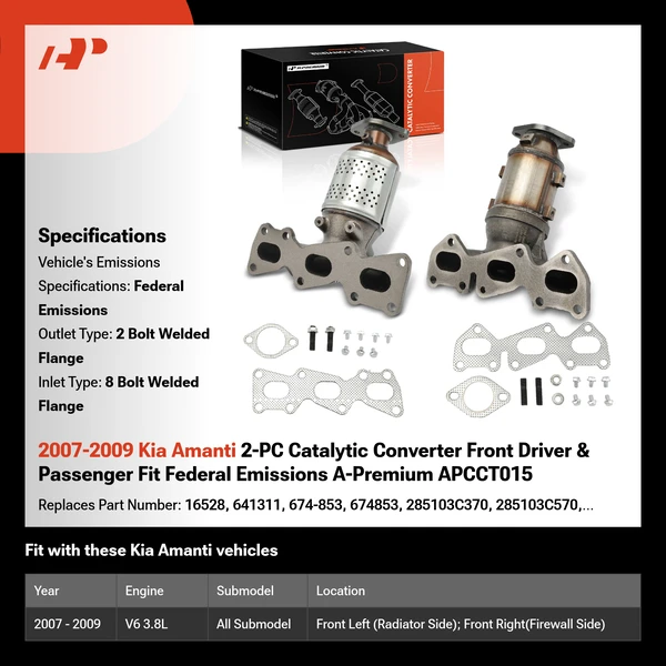 2007-2009 Kia Amanti 2-PC Catalytic Converter Front Driver & Passenger Fit Federal Emissions A-Premium APCCT015