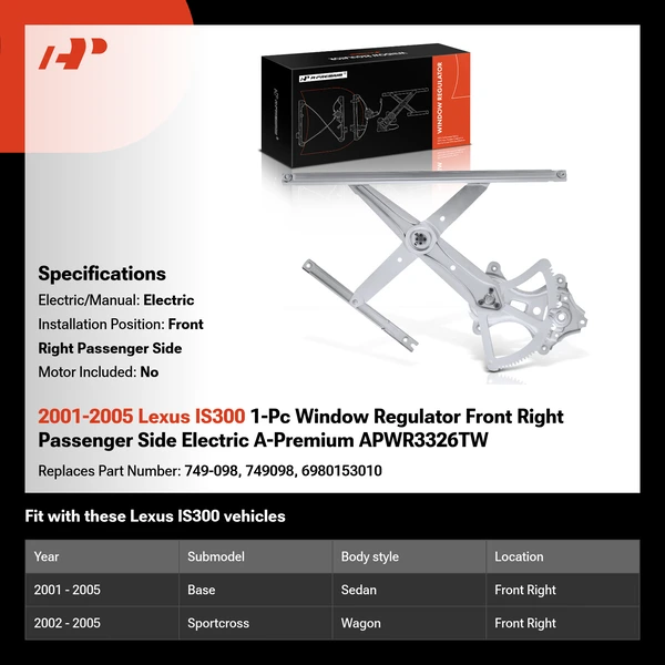 2001-2005 Lexus IS300 1-Pc Window Regulator Front Right Passenger Side Electric A-Premium APWR3326TW