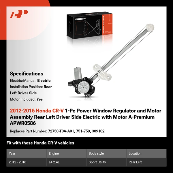 2012-2016 Honda CR-V 1-Pc Power Window Regulator and Motor Assembly Rear Left Driver Side Electric with Motor A-Premium APWR0586