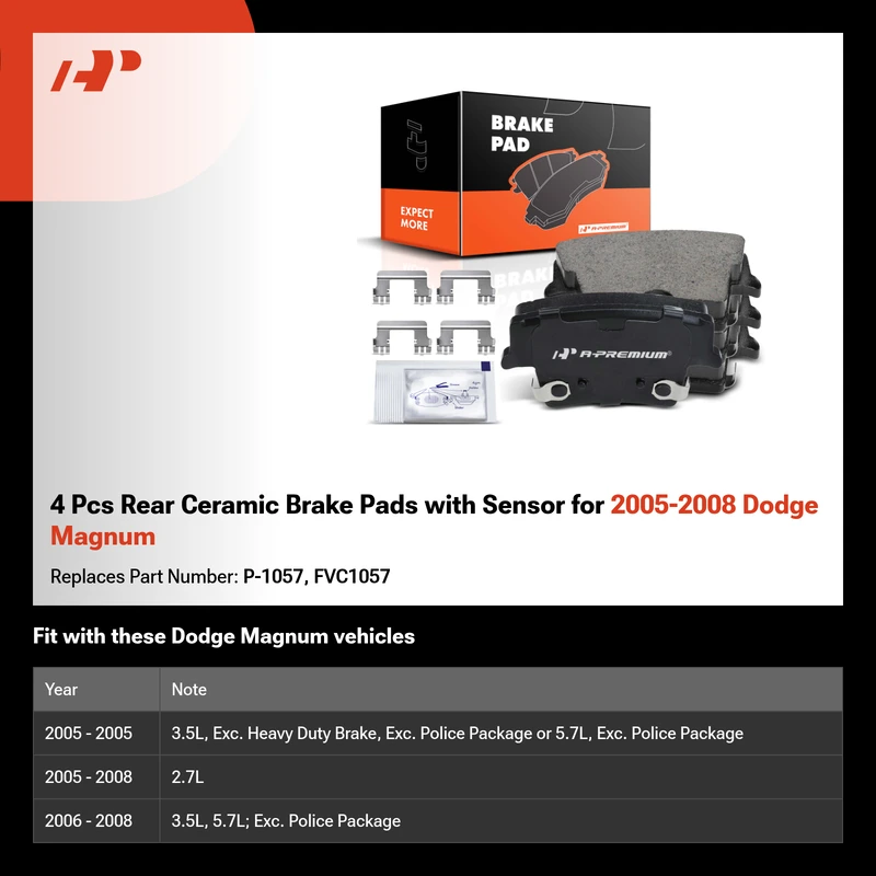 4 Pcs Rear Ceramic Brake Pads with Sensor for 2005-2008 Dodge Magnum