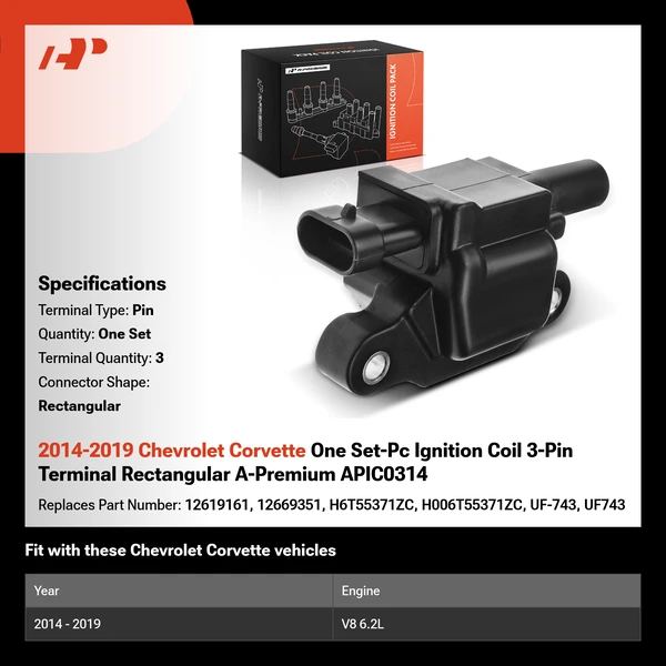 2014-2019 Chevrolet Corvette One Set-Pc Ignition Coil 3-Pin Terminal Rectangular A-Premium APIC0314