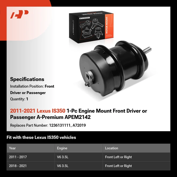 2011-2021 Lexus IS350 1-Pc Engine Mount Front Driver or Passenger A-Premium APEM2142