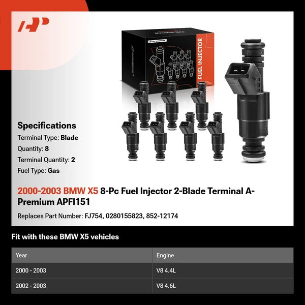 2000-2003 BMW X5 8-Pc Fuel Injector 2-Blade Terminal A-Premium APFI151