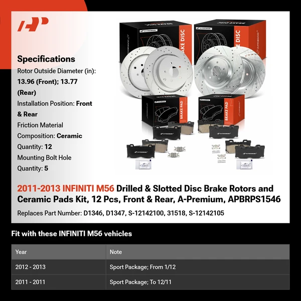 2011-2013 INFINITI M56 Drilled & Slotted Disc Brake Rotors and Ceramic Pads Kit, 12 Pcs, Front & Rear, A-Premium, APBRPS1546