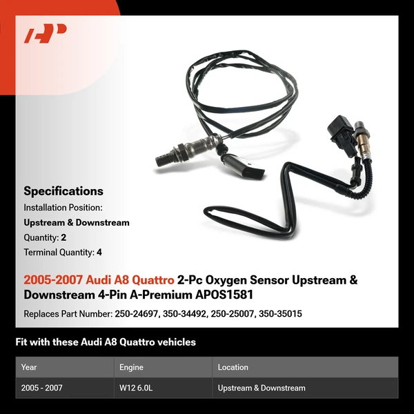 2005-2007 Audi A8 Quattro 2-Pc Oxygen Sensor Upstream & Downstream 4-Pin A-Premium APOS1581