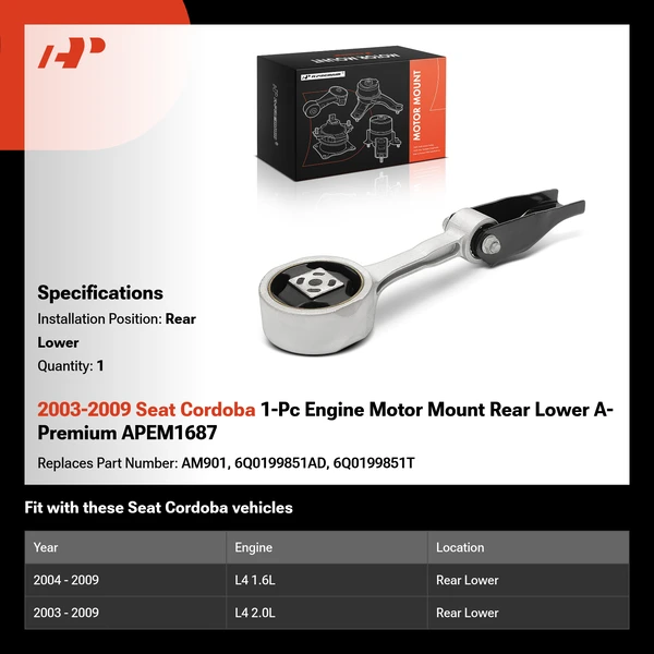 2003-2009 Seat Cordoba 1-Pc Engine Motor Mount Rear Lower A-Premium APEM1687