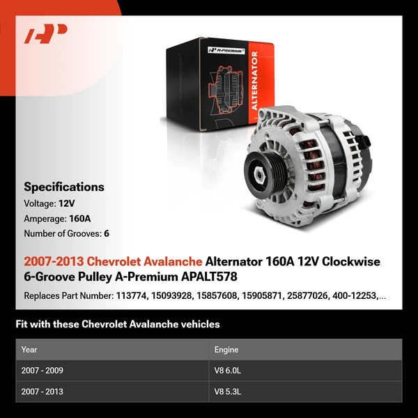 2007-2013 Chevrolet Avalanche Alternator 160A 12V Clockwise 6-Groove Pulley A-Premium APALT578