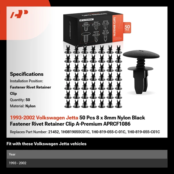 1993-2002 Volkswagen Jetta 50 Pcs 8 x 8mm Nylon Black Fastener Rivet Retainer Clip A-Premium APRCF1086