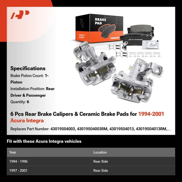 6 Pcs Rear Brake Calipers & Ceramic Brake Pads for 1994-2001 Acura Integra