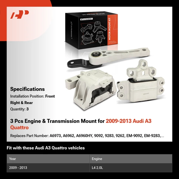 3 Pcs Engine & Transmission Mount for 2009-2013 Audi A3 Quattro