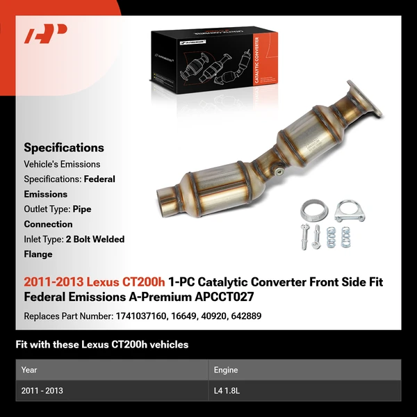 2011-2013 Lexus CT200h 1-PC Catalytic Converter Front Side Fit Federal Emissions A-Premium APCCT027