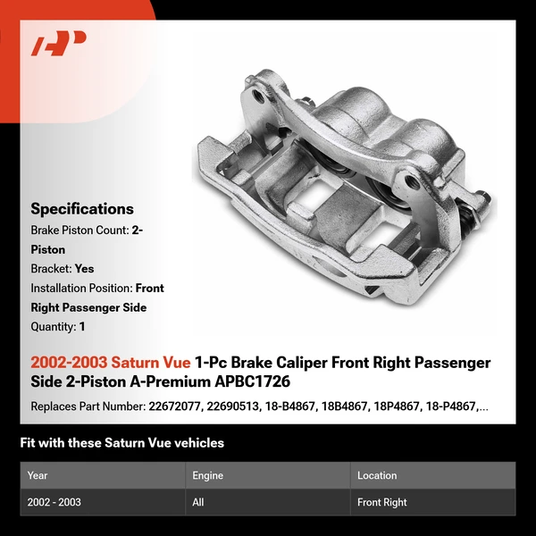 2002-2003 Saturn Vue 1-Pc Brake Caliper Front Right Passenger Side 2-Piston A-Premium APBC1726
