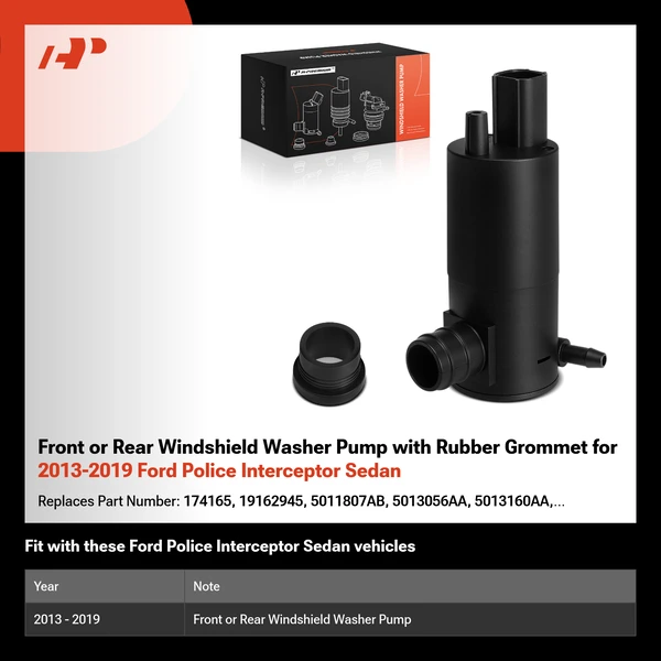 Front or Rear Windshield Washer Pump with Rubber Grommet for 2013-2019 Ford Police Interceptor Sedan